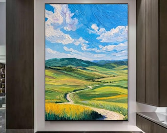 Pintura al óleo de pradera verde ondulada, arte moderno de paisaje natural sobre lienzo, arte de pared de camino rural sinuoso, decoración del hogar con cielo azul brillante de verano