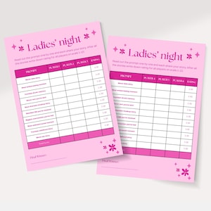 May include: Two pink "Ladies' night" game sheets with prompts and rating sections. The sheets have a floral design and text that reads "Read out the prompt one by one and each share your story. After all the stories write down rating for all players on scale 1-10."