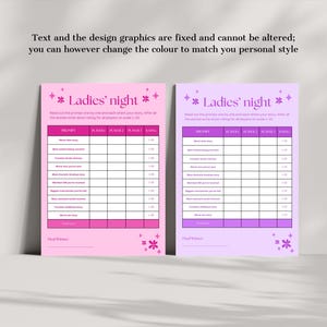 May include: Two game sheets for a Ladies' Night event, one pink and one purple. Each sheet has a title, prompts, and rating sections. The text "Ladies' night" is at the top, with decorative stars. The sheets are designed for a fun, interactive game.