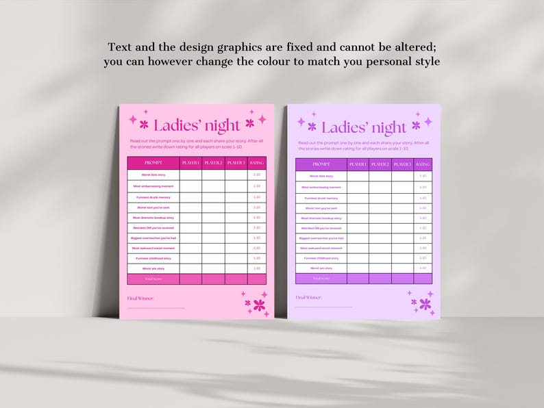 May include: Two game sheets for a Ladies' Night event, one pink and one purple. Each sheet has a title, prompts, and rating sections. The text "Ladies' night" is at the top, with decorative stars. The sheets are designed for a fun, interactive game.