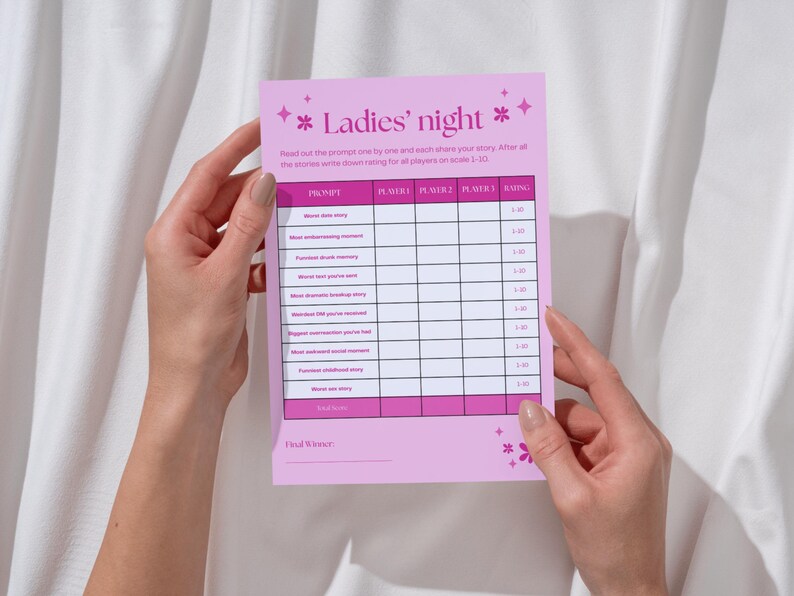 May include: A pink Ladies' Night game sheet with prompts and rating sections. The sheet is held by hands against a white fabric backdrop. The text "Ladies' night" is at the top, with decorative stars and flowers.