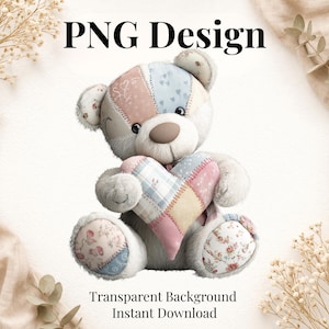 Miś w stylu patchworku z sercem w formacie PNG, Miś walentynkowy w formacie PNG, Clipart na baby shower, Miś w pokoju dziecięcym w formacie PNG, Projekt sublimacji