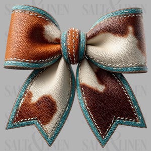May include: A leather bow with a cowhide pattern in brown and cream. It has turquoise trim and white stitching. This decorative bow is a stylish accessory. The bow is a decorative item.