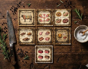 Vintage Meat Temperature Guide Magnets, Farmhouse Kitchen Decor, BBQ Cooking Cheat Sheet Set
