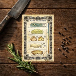 May include: A vintage-style print titled "Pastry Dough Temps" with illustrations of different dough types and their ideal temperatures. A knife, rosemary sprig, and peppercorns are arranged on a wooden surface.