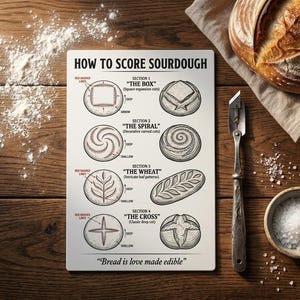 Magnete con schema per incidere la pasta madre e realizzare motivi decorativi, guida alle tecniche di panificazione artigianale, decorazione rustica per la cucina.