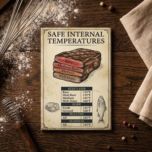May include: A vintage-style sign with the text "SAFE INTERNAL TEMPERATURES" and illustrations of a steak and fish. The sign provides temperature guidelines for cooking beef, lamb, pork, poultry, and seafood. A whisk and rolling pin are in the background.
