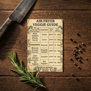 May include: An air fryer veggie guide on a wooden surface, with a knife, rosemary, and peppercorns. The guide lists cooking times and temperatures for various vegetables, including potatoes, carrots, broccoli, and zucchini. The text reads: "Eat your greens, they taste like fries!"
