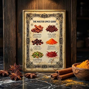 Master Spice Guide Fridge Magnet – Culinary Reference Cheat Sheet, Kitchen Decor