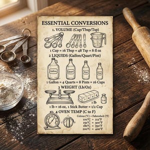 Ímã de conversão de cozinha vintage, guia rápido de confeitaria, guia de referência culinária