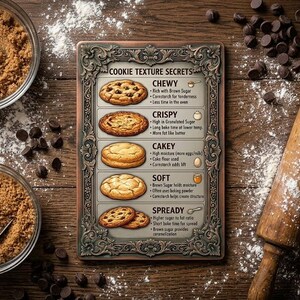 May include: A wooden table with ingredients for baking cookies. Two glass bowls with brown sugar and spoons, chocolate chips, and a rolling pin dusted with flour surround a sign detailing cookie texture secrets.