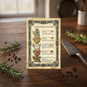 May include: A vintage-style Flour Strength Guide card with a decorative border, listing different flour types and protein percentages. The card is on a wooden surface with rosemary sprigs, peppercorns, and a knife.