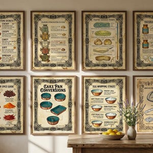Op de afbeelding: Een verzameling van acht ingelijste vintage bakdiagrammen, waaronder koekjestextuurgeheimen, bloemsterktegids en cakepanconversies, weergegeven op een witte muur. Een houten tafel eronder heeft een vaas met bloemen en een kom met citroenen.