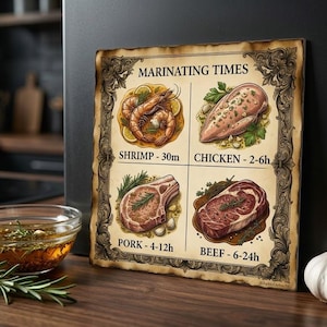 May include: A decorative sign with the text "MARINATING TIMES" and illustrations of shrimp, chicken, pork, and beef, with marinating times listed. A glass bowl of marinade and a sprig of rosemary are in the foreground. A garlic bulb is on the right.