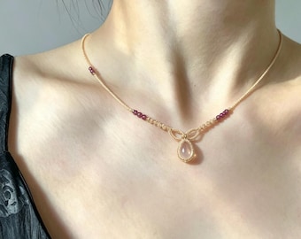 Light Gold Rose Quartz: OOAK Thin Light Gold Macrame Teardrop Rose Quartz Choker, Soft Gentle Style