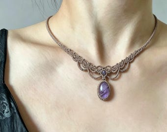 Handmade Macrame Choker, Natural Amethyst, Tiny Metal Beads, Boho Neck Decor