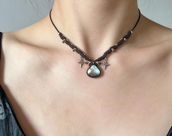 OOAK Labradorite Macrame Choker Necklace, Star Charm Handwoven Boho Choker