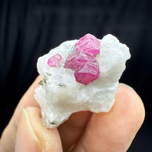 Puede incluir: Un grupo de cristales de rubí natural. La imagen muestra una matriz de roca blanca con vibrantes cristales de rubí de color rosa intenso. Los rubíes tienen una estructura cristalina y destacan sobre el fondo blanco. La apariencia general es la de una gema en bruto sin pulir.