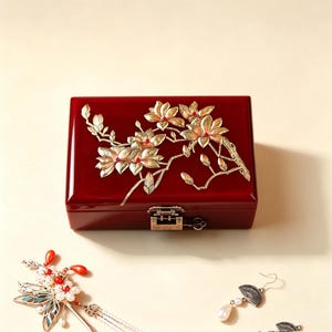 Peut inclure: Une boîte à bijoux rectangulaire bordeaux avec un motif floral doré sur le couvercle. La boîte a une finition brillante et un petit fermoir en métal. Des bijoux et accessoires sont éparpillés autour de la boîte.
