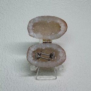 OOAK Madagaskar Agat Geod Örhängesask, Naturlig Rå Kristall Druzy Mini Örhängesförvaringsask