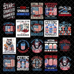 May include: A collection of patriotic designs featuring the American flag, stars, and the text "Getting Star Spangled Hammered" and "Star Spangled Hammered" in various fonts and styles. Designs include beer cans, boots, and a raccoon.