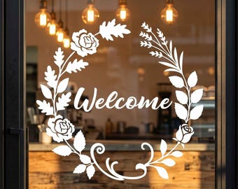 Business Welcome Sign Decal, Floral Welcome Sticker, Welcome Decal, Floral Frame Welcome Business Decal