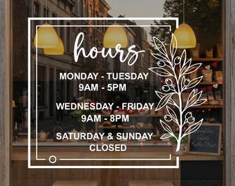 Custom Business Hours Window Decal, Business Store Window Sticker Decals, Customized Storefront Hours Sticker