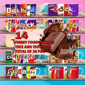 May include: A selection of white ceramic mugs with humorous designs. The mugs display phrases such as "Dickhead", "Shitbag", and "Arsehole", alongside food-related graphics. The image also includes text that reads "14 Funny Food Designs, 11oz and 15oz Mug, Total of 28 PNG".