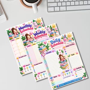 May include: Three colorful planner sheets labeled Monthly Schedule, Weekly Schedule, and Daily Schedule. Each sheet features cartoon illustrations of a person with brown hair, stacks of books, potted plants, rainbows, suns, and hearts with various sections for tracking goals, tasks, moods, and meals.