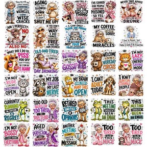 May include: A collection of thirty individual graphic designs featuring cartoon characters including elderly people, animals, and birds, each paired with humorous text captions about aging, work, coffee, and daily life, arranged in a grid format.