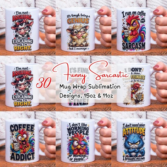 30 Funny Sarcastic Mug Wrap Bundle PNG, Snarky Sublimation Designs, Coffee Humor Mug, 11oz 15oz Mug Wrap Download