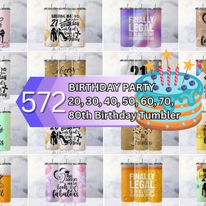 Op de afbeelding: Een verzameling verjaardagsbekers met verschillende ontwerpen en teksten, waaronder "Ik ben 21", "Eindelijk legaal" en "20e verjaardag". De bekers tonen hoge hakken, kronen en een verjaardagstaartafbeelding. De tekst "Verjaardagsfeest" is ook zichtbaar.