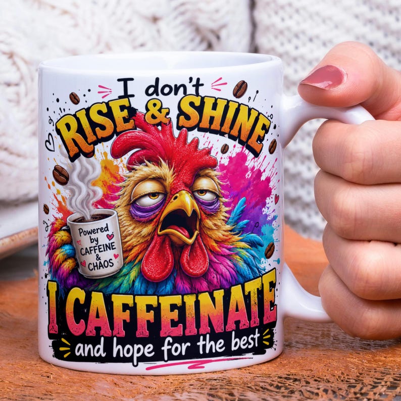 May include: White ceramic coffee mug with a colorful rooster design. The mug features the text "I don't RISE & SHINE, I CAFFEINATE and hope for the best." A smaller mug graphic says "Powered by CAFFEINE & CHAOS."