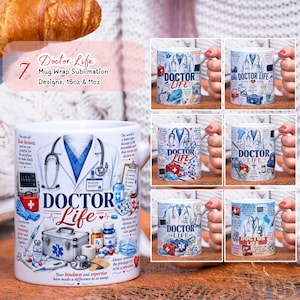 以下が含まれることがあります： Doctor Lifeの昇華転写デザインが施された7つの白いセラミックマグカップのセット。各マグカップには、医師の白衣、聴診器や救急箱などの医療機器、およびテキストが描かれています。デザインは443mlおよび325mlのマグカップ用です。