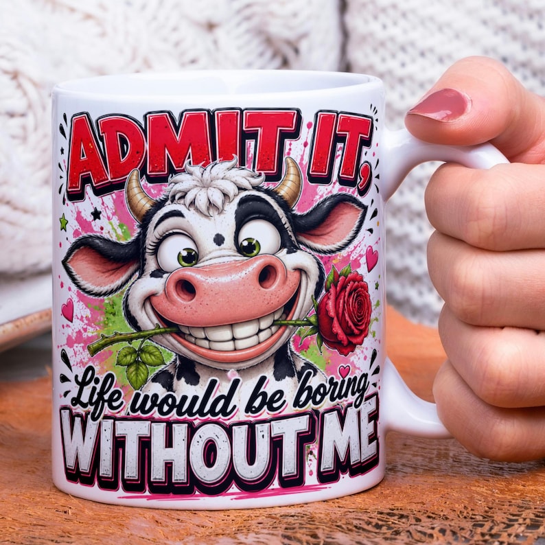 May include: White ceramic mug with a cartoon cow graphic. The cow is smiling and holding a red rose in its mouth. The mug has the text "ADMIT IT" and "Life would be boring WITHOUT ME" in a playful font.