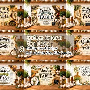 Paquete de tablas de cortar "Reúnete alrededor de la mesa", 9 elementos decorativos para cocina estilo granja, tabla de comedor rústica, descarga digital para cocina familiar.