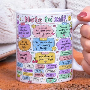 Remarque pour auto-emballage de tasse PNG, conception de sublimation d'affirmation positive, cadeau de tasse de café de santé mentale, tasse pastel mignonne de motivation