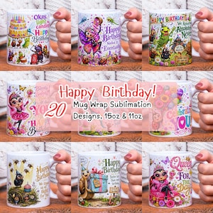 Op de afbeelding: Een collectie witte keramische mokken met kleurrijke sublimatieontwerpen met cartooninsecten, verjaardagstaarten en teksten zoals Happy Birthday, Queen for the Day en Nailed It. De mokken worden getoond in 11oz en 15oz maten.