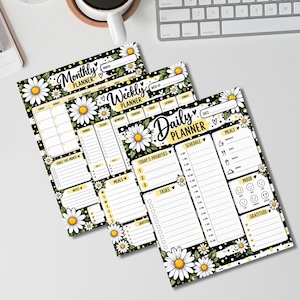 Daisy Daily Veckovis Månadsplanerare Utskrivbar, Svart Blomsterplanerare, Produktivitetsorganisatör, Målsättning, Schema, Uppgifter Måltider Humörspårare