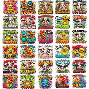 May include: A collection of colorful, humorous graphic designs featuring various animals with bold text. The designs include ducks, cows, chickens, and cats with phrases like "Don't Duck With Me" and "I'm Sorry".