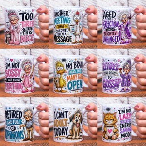 May include: A collection of nine white ceramic mugs, each featuring colorful cartoon illustrations and humorous text. Designs include characters like an elderly person, a chicken, a duck, a dog, and a cat, with phrases about work, retirement, and personality.