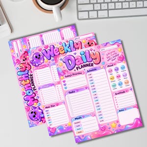 Peut inclure: Un ensemble de planificateurs quotidiens et hebdomadaires avec un thème dégradé rose, violet et bleu et des lettres style bulle. Les pages incluent des sections pour les horaires, tâches, repas, humeurs et le texte A Brighter Day Starts with a Grateful Heart.
