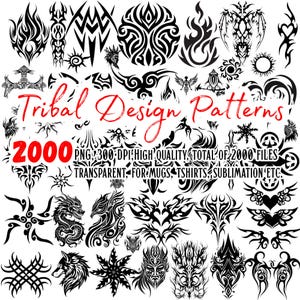 Pode incluir: Uma coleção de padrões de design tribal pretos em várias formas e tamanhos. A imagem inclui o texto "Tribal Design Patterns" e "2000 PNG 300 DPI HIGH QUALITY TOTAL OF 2000 FILES TRANSPARENT FOR MUGS TSHIRTS SUBLIMATION ETC."