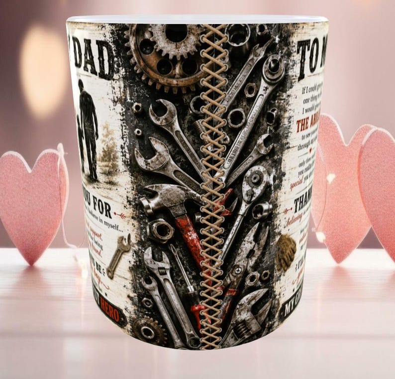 May include: A white ceramic mug with a design featuring tools, gears, and the word "DAD." The mug has a stitched leather-like design down the center and includes text that reads "Thank you for believing in myself..." and "My Hero."