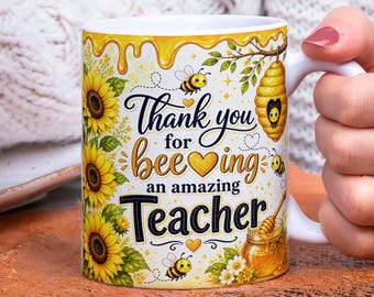 Thank You Bee-ing and Amazing Teacher mokomslag, png, zonnebloem bij leraar waardering cadeau, 11oz 15oz sublimatiemok