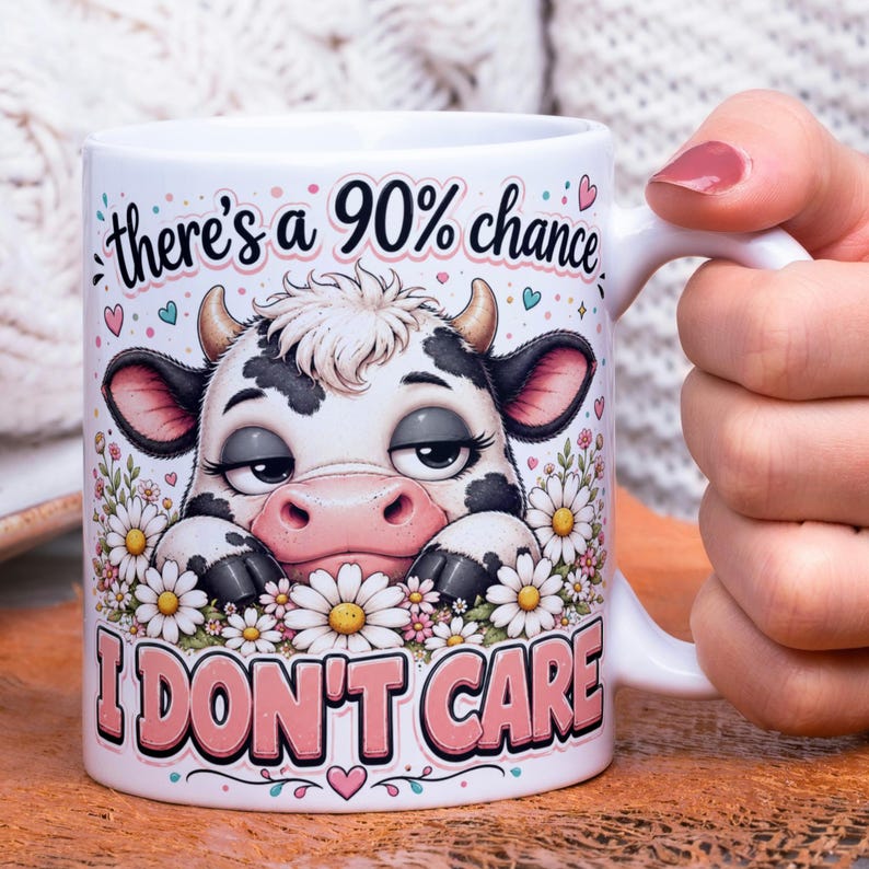 May include: White ceramic mug featuring a cartoon cow with a bored expression, surrounded by daisies. The mug has the text "there's a 90% chance I DON'T CARE" in pink and black lettering. The mug has a white handle.