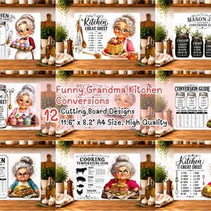 May include: A collection of 12 rectangular cutting board designs featuring illustrations of a grandmother character with various kitchen conversion charts, cooking temperature guides, and food items, measuring 11.6 inches by 8.2 inches.