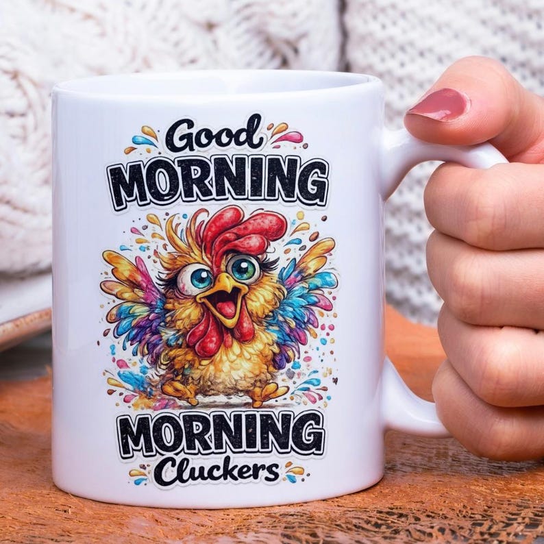 Op de afbeelding: Witte keramische mok met een kleurrijk cartoon haan ontwerp. De mok heeft de woorden "Good Morning" en "Morning Cluckers" in zwarte tekst. De haan heeft een rode kam, gele lichaam en regenboogkleurige vleugels.
