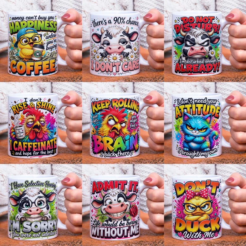 May include: Collection of white ceramic mugs with various cartoon animal designs and humorous phrases. Designs include a chick with coffee, a cow, a rooster, a cat, and a duck. Each mug has a white handle.