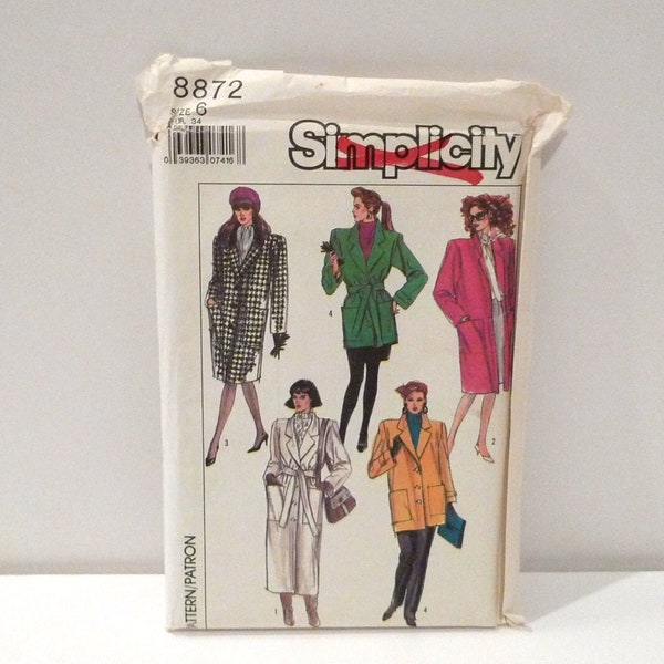 Fall Winter Coats - Simplicity 8872 Sewing Pattern Size 6 / Midi Coat Wrap or Button Front / Car Coat Jacket 80s